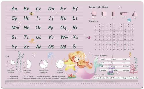 Schreibtischunterlage für Kinder - Meerjungfrau Muster ABC Schreibtischunterlag Mädchen - 70 x 40 cm - doppelseitige Premium - Vinyl Schreibunterlage - abwischbar, öl- und schmutzabweisend, weicher