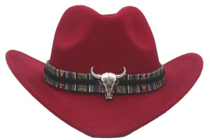 KIXZSAZ Damenhut mit Bullenkopf aus Metall, atmungsaktiv, Kaschmir, Retro Riemen, Western Outback Cowboyhut, Neuer Unisex Hut mit großen Traufen, Weinrot