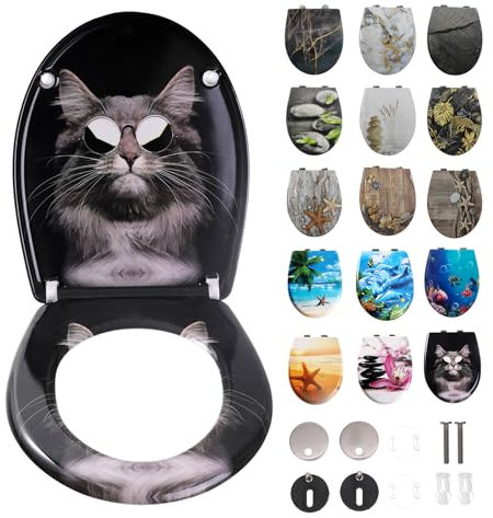 Toilettendeckel mit Absenkautomatik, WC Sitz mit Absenkautomatik Oval Form klodeckel Einfache Reinigung, Abnehmbarer WC-Sitz, 150kg belastbar, einfache Montage – Motiv: Schwarze Katze