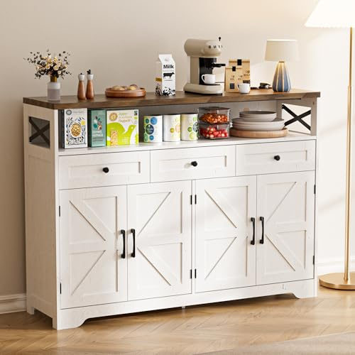 BonVache Sideboard, Küchenschrank mit Schubladen, Aufbewahrungsschrank, Anrichte mit Offenem Regal, Kaffeebar Schrank für Küche, Esszimmer, Wohnzimmer, 130 x 35 x 95cm, Cremeweiß in Holzoptik