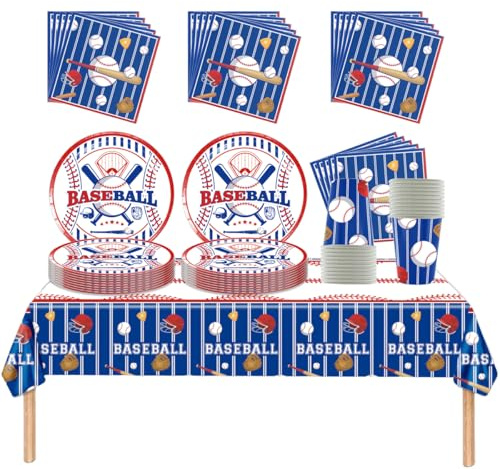Fuwraixis Béisbol Vajilla para fiesta, 61 piezas softbol Vajilla infantil para cumpleaños, Juego de platos de papel con motivos deportivos para fiestas, Vasos de papel, servilletas, manteles