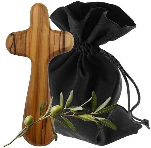 Lunexus Croix en bois d'olivier agréable au toucher d'environ 9 cm - Fabriquée à la main à Bethléem - bénie avec certificat - Avec sac en tissu - Croix de prière de poche Cadeau baptême communion