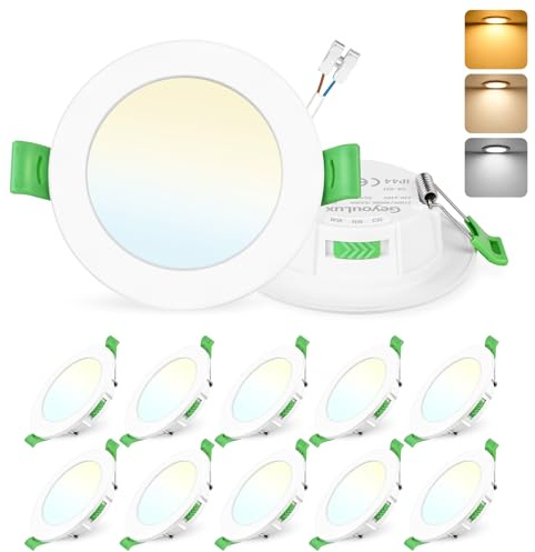GeyouLux Pack 10 Downlight LED Techo Empotrable, 8W IP44 Ultrafino Spot Encastrable Corte 75-90mm, 2700K/4000K/6500K Focos LED Interior Techo, Blanco Regulable 10-100% Ojos de Buey LED