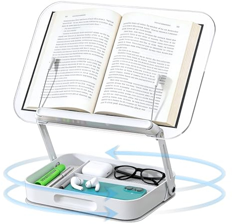 Atril para Libros Regulable para Lectura, Soporte para Libros con Clips de Página Altura y Ángulo Ajustable Base Giratoria de 360° para Partituras, Libros Pesados, Computadora Portátil