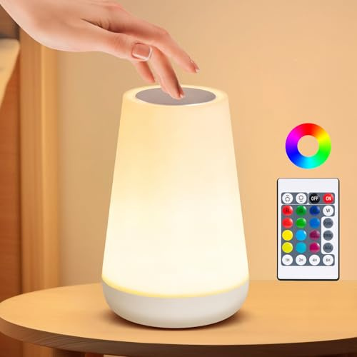 Nottac Night Light, Dimmable LED Touch Table Lamp for Bedroom, 13 RGB Colors & 5 Brightness, USB Rechargeable Bedside Table Lamp, Portable Remote Control Night Lights for Living Room Bathroom, White