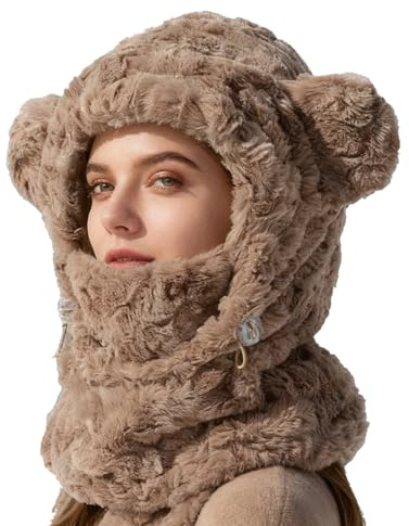 Mössa hattar för kvinnor – vindtätt ansiktsskydd scarf set | justerbara björnöron mössor – för kvinnor flickor utomhusaktiviteter skidåkning resor semester morgonpromenader, Kaffe