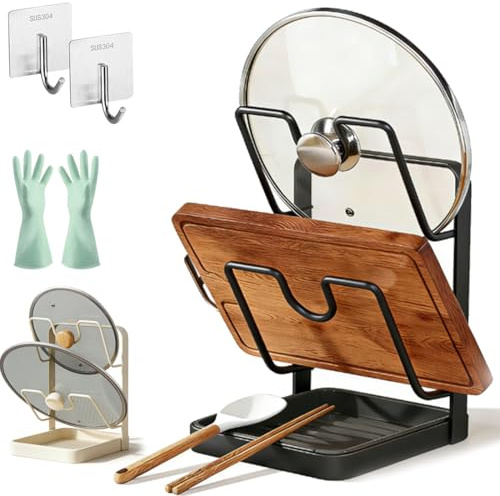 2026 New Kitchen Pot Lid Storage Rack, Pot Lid Holder With Tray, Lid Holder While Cooking, Lid And Spoon Rest, Multifunctional Kitchen Organizer Stand，Suitable for Kitchens (1PC-A,Double-layer)