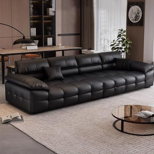 Italiensk lyxig modern enkel svart lädersoffa, massiv träram, rymlig och mjuk soffa, modern stor storlek, lämplig för vardagsrum/kontor/lägenhet.