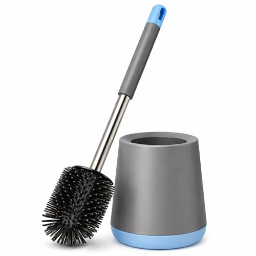 Premium Silicone Toilet Brush and Holder Set for Bathroom – 360° Flexible Non-Scratch TPR Bristles with Detachable Drip Tray - Hygienic Under-Rim Deep Cleaner - Sleek Grey and Blue Design