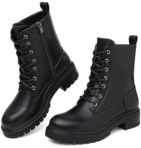Bravover Bottines Femme Bottes À Lacets Avec Fermeture Éclair Latérale Rangers Femme Boots Biker Avec Semelle Crantée Antidérapante Bottines Souples Pour Automne Hiver Loisirs