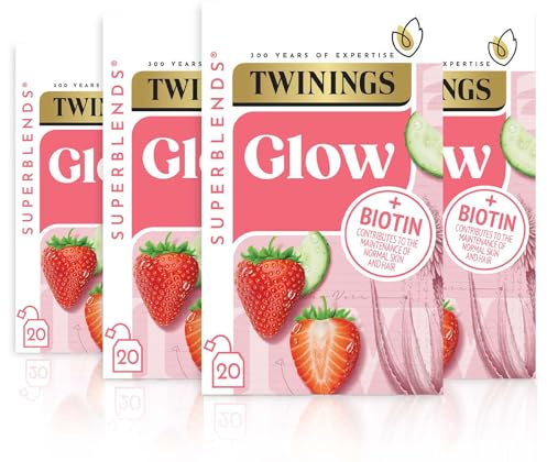 Twinings Superblends Glow Tea - Strawberry & Cucumber Green Tea with Aloe Vera & Biotin for Skincare & Hair Care, 80 x Biodegradable Tea Bags