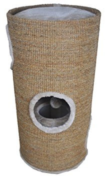 Dehner Kratztonne Tassilo für Katzen |Katzenhöhle, Kratzbaum, Spieltonne, Katzenturm, Katzenmöbe, Kratzturm | mit 2 Ebenen und 3 Eingängen | Ø 36 cm x 70 cm | mit Sisal Plüsch, inkl. Spielmaus