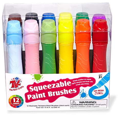 TBC The Best Crafts 12 Colours Squeezable Brush Paints for Kids, Washable Tempera Paint Brushes, Kids Grip Strengthen Art Toys, Assorted Baisic/Neon/Pastel Colors(24ml/0.8oz Each), Easy to Paint