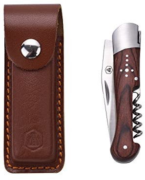 LAGUIOLE - Couteau Pliant Manche en Bois de Rose avec Tire-Bouchon et Etui en Cuir