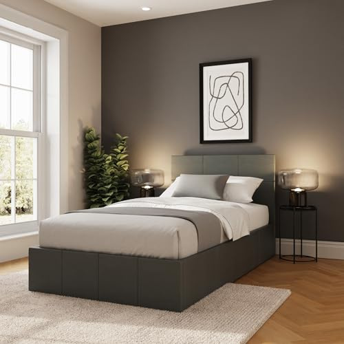 GFW Classic Side Lift Single Grey Faux Leather Ottoman Bed, Storage Bed with Hydraulic Lift and Stitched Headboard