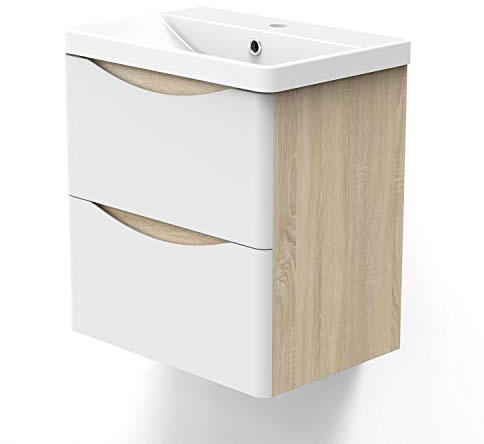 AICA sanitaire Meuble sous Vasque De Salle De Bain Suspendu Blanc et Bois Clair avec Lavabo Espace De Rangement 50cm