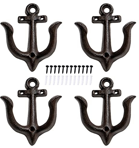 Notakia Decorative Wall Hooks Mounted Antique Shabby Chic Metal Cast Iron Nautical Anchor Design Hooks Hanger, Vintage Rustic Cast Iron Wall Hooks,Screws Included (Brown Anchor 4Pcs)