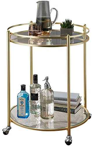 möbelando Design Servierwagen Gold Ø 57 cm Beistelltisch | Teewagen Metall mit Rollen | Küchenwagen mit Glasplatten | Barwagen Rund 75 cm hoch | Küchentrolley Modern | Rollwagen