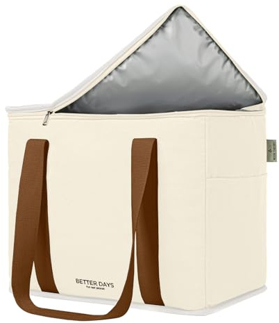 Reusable Insulated Grocery Bag - Canvas, Leak Proof, X Large Cooler Bag, Insulated Shopping Bags for Groceries, Travel Cooler Bag for Frozen and Hot Food with Zippered Top (Cream Brown)