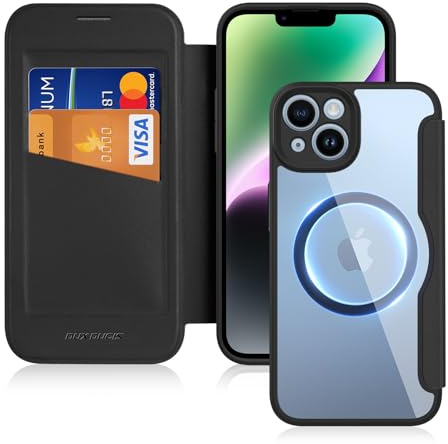 DUX DUCIS Hülle für iPhone 14/13 6,1 Handyhülle Kompatibel mit MagSafe, Transparente Anti-Kratzer Leder Flip Klapphülle mit RFID-Sperre Schutzhülle Case für iPhone 13/14 (6,1 Zoll, Schwarz)