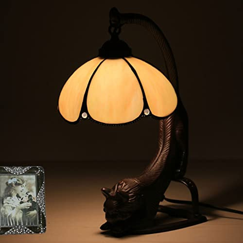 Tiffany Lampe Glasmalerei Lampe, Vintage Tischlampe, antike Kunst Glas Akzent Klavier Lesen Schreibtischlampe, Katze Legierung Basis, Mädchen Kinder Liebhaber Nachttischlampe,Gelb