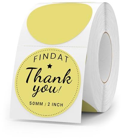 FINDAT Amarillo Etiqueta Térmica Autoadhesiva Redonda 50 mm Rollo Punto Imprimible Circular Pegatina Térmica Impermeable para Oficina Diseño Logotipos Envío QR 500 Pieza