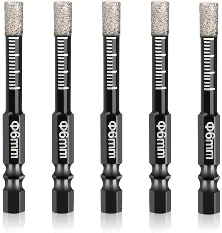 oumuik drill bits,tile drill bits, Porcelain Tile Drill Bit, Hex Shank Diamond Dry Drill Bits Sets 5 Pcs 6mm for Granite, Ceramic, Marble, Tile Stone, Glass, Hard Materials