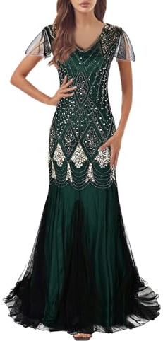 KBOPLEMQ Costume des années 20 pour femme - Robe Charleston - Col en V - Paillettes - Perles - Robe à franges - Robe garçonne - Robe à paillettes - Robe à paillettes - Robe années 20 - Robe à