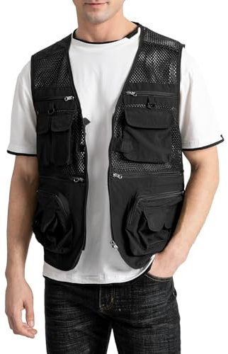Vanchenl Herren Outdoor Arbeit Mesh Angeln Weste Utility Multi Pocket Schießen Safari Reise Fotografie Waistcoatt Schwarz S