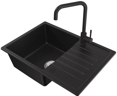 CECIPA Spülbecken Schwarz mit Armatur 65 x 45 cm, Küchenspüle aus Granit, Waschbecken Küche mit Reversible Installation, Spüle Schwarz Einbauspüle mit Siphon Ab- und Überlaufgarnitur | Quarzkomposit und Harz, Zwei Anschlüsse für Abflussrohre, Zwei Vorgebohrte Hahnlöcher, Ausschnittsmaß 63 x 43 cm