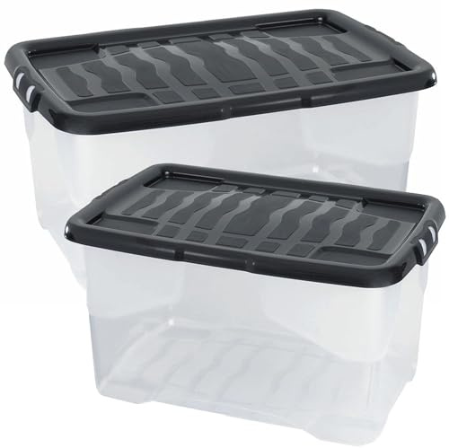 4 x 42 Litres Curve Plastic Storage Boxes With Clip-On Lids | Multi Storage Box For Home & Office Storage Solution - Clear/Black Lid
