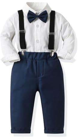 Acuryx Completini e Coordinati Gentiluomo Set per Bambino Ragazzo Battesimo Completo Camicia con Farfallino + Pantaloni con Bretelle 130cm