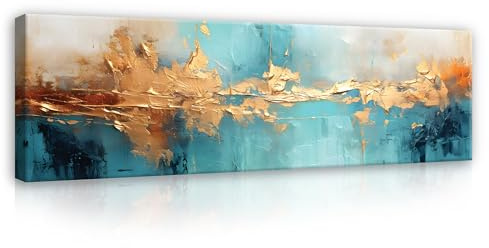 WallArena - Quadri su tela - Cucina Arte Astratta Oro Blu - 145x45 cm Immagini su tela - Immagine su tela - Quadro XXL grande Immagini murali per soggiorno Camera da letto Quadri per soggiorno Moderno