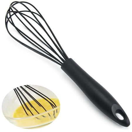 Frusta da cucina in silicone da 26 cm, resistente al calore, per pentole antiaderenti, per sbattere, cucinare, cuocere, sbattere, schiumare e mescolare (nero)