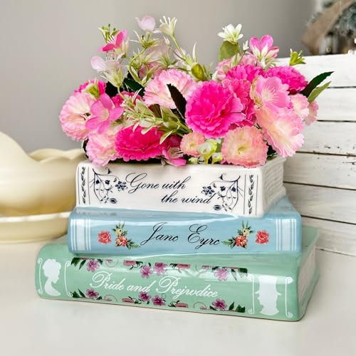 Scuyari Small Book-Shaped Decorative Planter - Ceramic Book Vase for Flowers Cute Bookshelf Home Bedroom Office Decor - Unique Planters Classic Titles Bookstack for Book Lovers Women