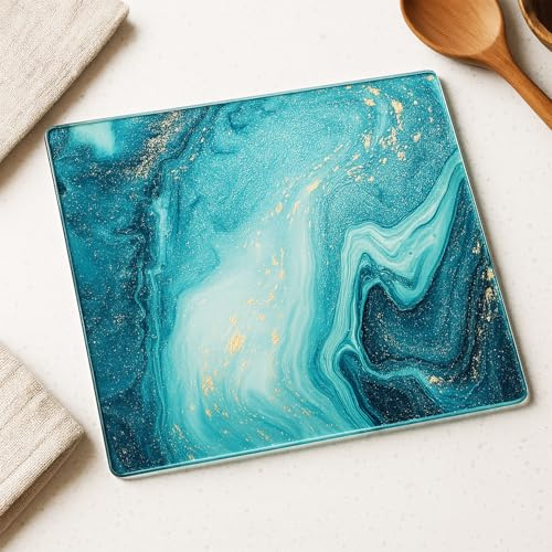 Tempered Glass Cutting Board for Kitchen, Rectangle with Rubber Feet, Heat Resistant, Non-Slip | 30cm x 40cm | (Gold Detailed Turquoise Pattern)
