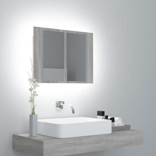 Myheimly LED Spiegelschrank, Badezimmerspiegel mit Beleuchtung Lichtfarbe Einstellbar, Badschrank mit viel Stauraum,Holzwerkstoff Spiegelschrank Grau Sonoma