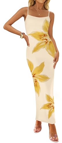 ZESICA Women’s Summer Bodycon Maxi Dresses 2025 Floral Spaghetti Strap Square Neck Sleeveless Boho Beach Long Dresses