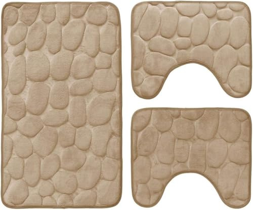 Corredocasa Set 3 Pezzi Tappeto Bagno Antiscivolo Scendidoccia Tappettino Bagno Super Assorbente Fantasia Cuori/Sassi Tessuto Lavabile per Il Bagno, La Doccia, Tappetino WC (Tortora, Sassi)