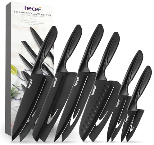 hecef Kitchen Knife Set of 6 - Non-Stick Knives for Everyday Meals | Stainless Steel Blades, Lightweight Ergonomic Handles, Chef Bread Santoku Utility & Paring Knives