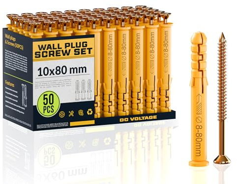 DC VOLTAGE 50 Pcs Wall Plugs and Screws Set 10mm x 80mm Concrete Fixings Screws and Wall Expansion Anchors Plugs Kit Wall Hanging Mounting TV Mount Drywall Self Tapping Screw Wall Plug