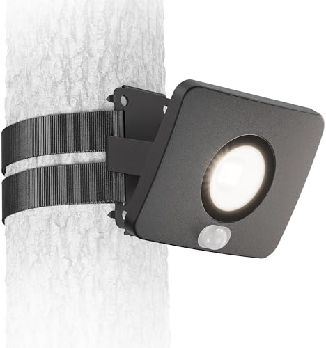 ledscom.de LED-trädgårdsstrålkastare WEGA med remfäste för utomhusbruk, rörelsedetektor, stickkontakt, svart, 880lm, vit