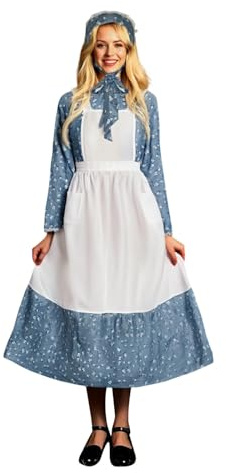 Duohropke Vestido colonial para mujer, vestido de pionero, vestido de pradera, disfraz Amish, juego de 3 piezas, vestido de flores con delantal y capó, vestido de Oktoberfest, vestido histórico de los