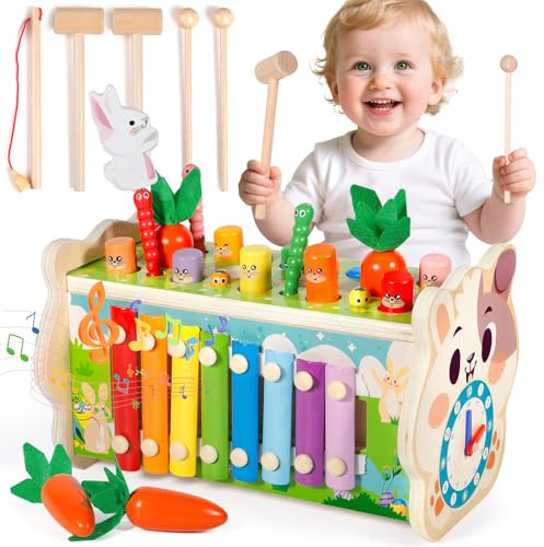 Purpledi Giochi Montessori 1 Anno - 8 in 1 Giocattoli in Legno Bambini, Xilofono, Acchiappa la Talpa, Pesca, Cubo Multiattivita Educativo, Regalo Compleanno 1 2 3 Anni Bambina Bambino