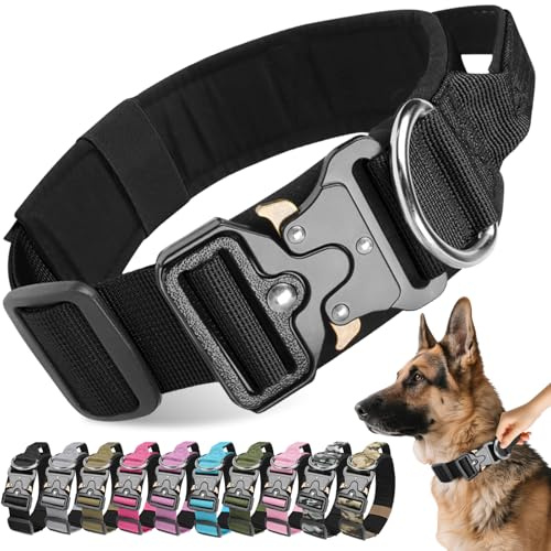 Viugex Taktisches Hundehalsband, Weich Gepolstertes Nylon Hunde Halsband, Langlebig, Premium-Qualität, Verstellbare Hundehalsbänder mit Metallschnalle für Mittlere Große Hunde (Schwarz, M)