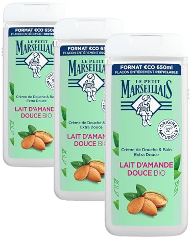 Le Petit Marseillais - Crème de Douche Extra Douce Lait d'Amande Douce Bio (flacon de 650 ml) – Gel douche avec 92% d'ingrédients d'origine naturelle – pH neutre pour la peau et sans colorant