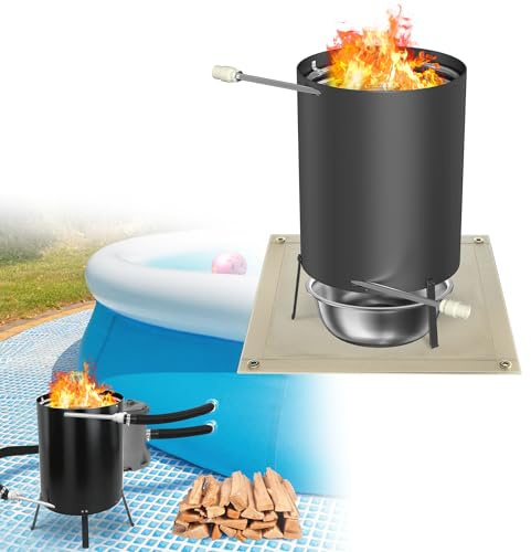 UISEBRT Poolheizung mit Feuer Poolheizung Holz Feuertonne mit Heizspirale Ø 32/38 mm Anschluss, Poolofen Heizungen aus 100% Edelstahl, Pool Heizung Beheizt Feuer Eimer für Schwimmbäder,Schwarz