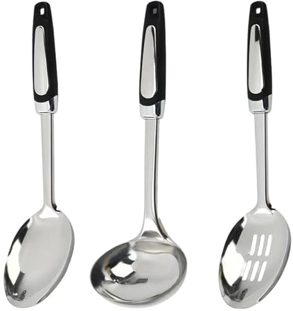 VELAJA Edelstahl Kochlöffel Set 3 tlg, Küchenutensilien mit Hitzebeständigem Griff, Lnklusive Suppenkelle, Schöpfkelle & Schaumlöffel aus Rostfreiem Stahl für Küche, Kochen & Servieren