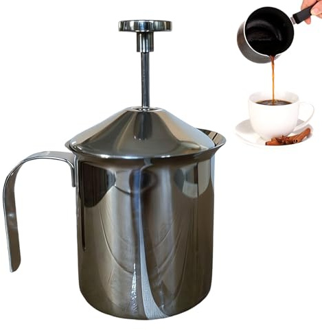 Manual Milk Frother, Stainless Steel Coffee Frother Pump, Hand Operated Milk Foam Maker With Double Mesh Whisk And Plunger Lid, 400ml Creamer Pitcher For Latte Cappuccino Hot Chocolate Kitchen Cafe