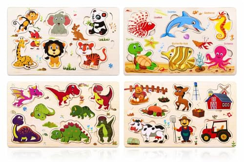 STUWU 4er Holzpuzzle Set Kinder ab 2 Jahre – Motorik Lernspielzeug mit Tieren, Dinosaurier, Bauernhof & Meer – 15x22,5 cm – 6–7 Teile – Steckpuzzle Kleinkinder ab 24 Monate